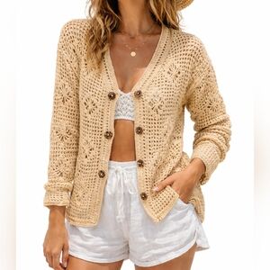 Boho Crochet Cardigan Sweater Womens L 100% Cotton Beach Coastal Cottagecore